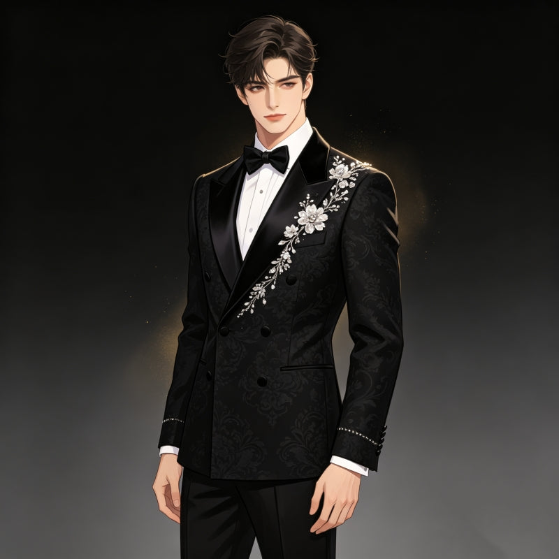 Embellished Black Jacquard Prom Suits
