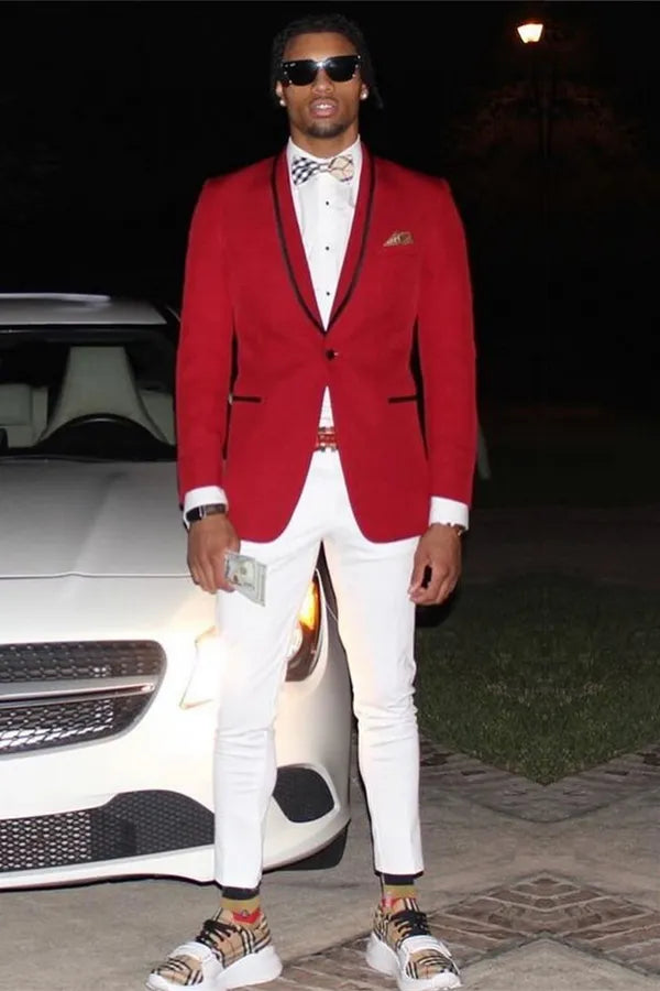 Bespoke Red Shawl Lapel Slim Fit Prom Men Suits With White Pants