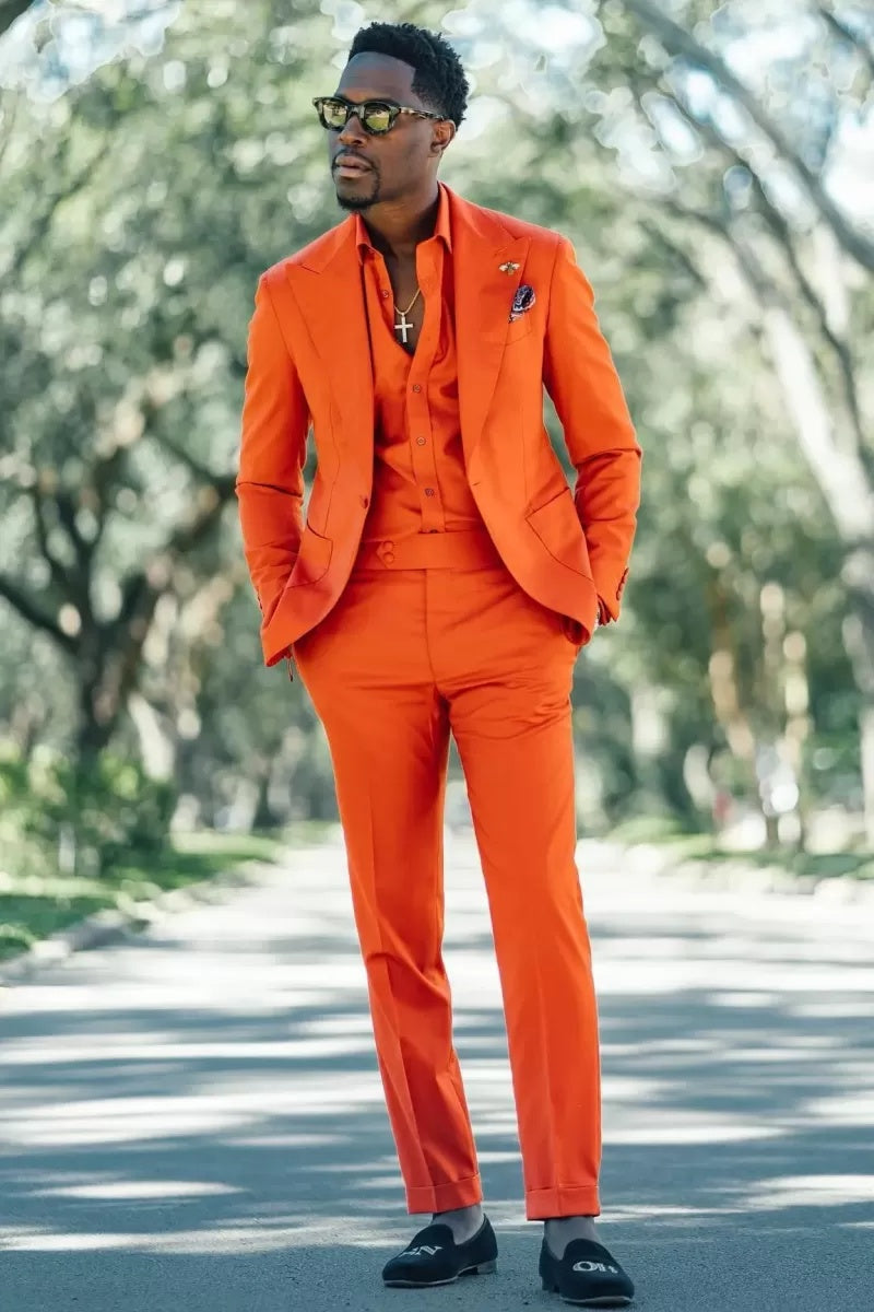New Arrival Orange Trendy Peaked Lapel Prom Men Suits