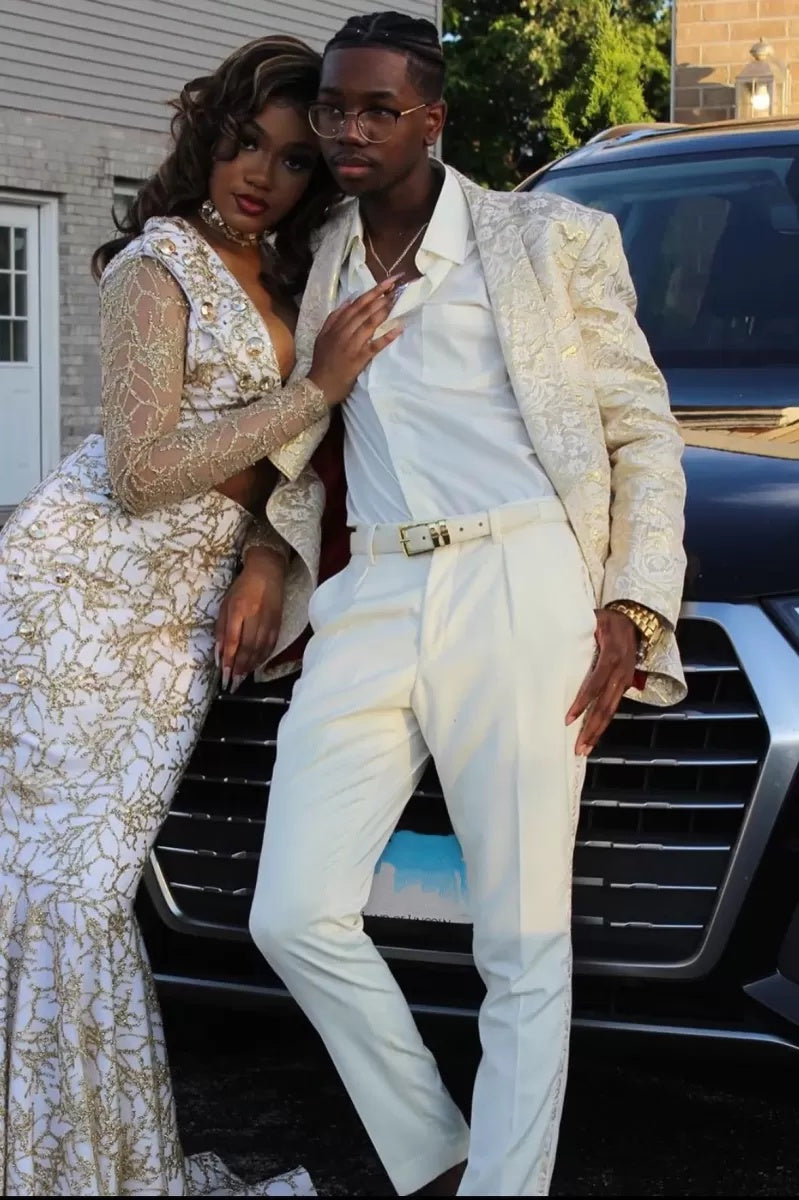 Fancy Ivory Jacquard Slim Fit Men's Prom Suits