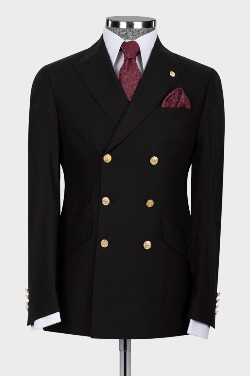 Classic Chic Black Double Breasted Peaked Lapel Business Men Suits