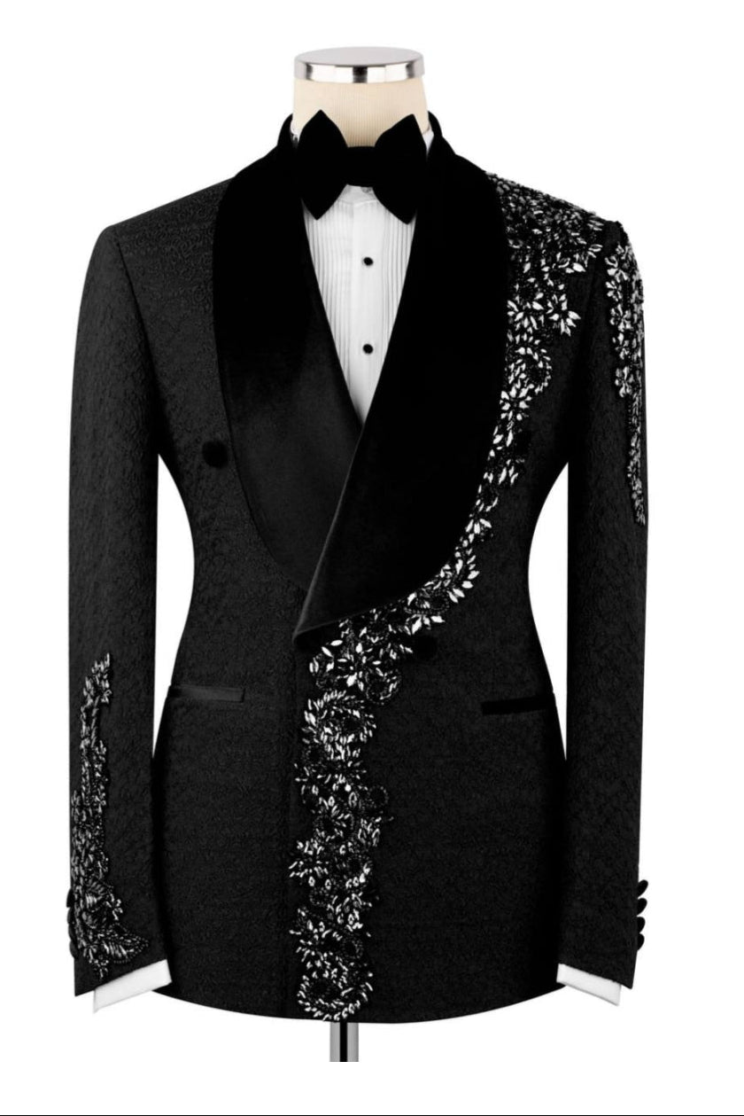 Black Jacquard Shawl Lapel Double Breasted Appliques Prom Suit