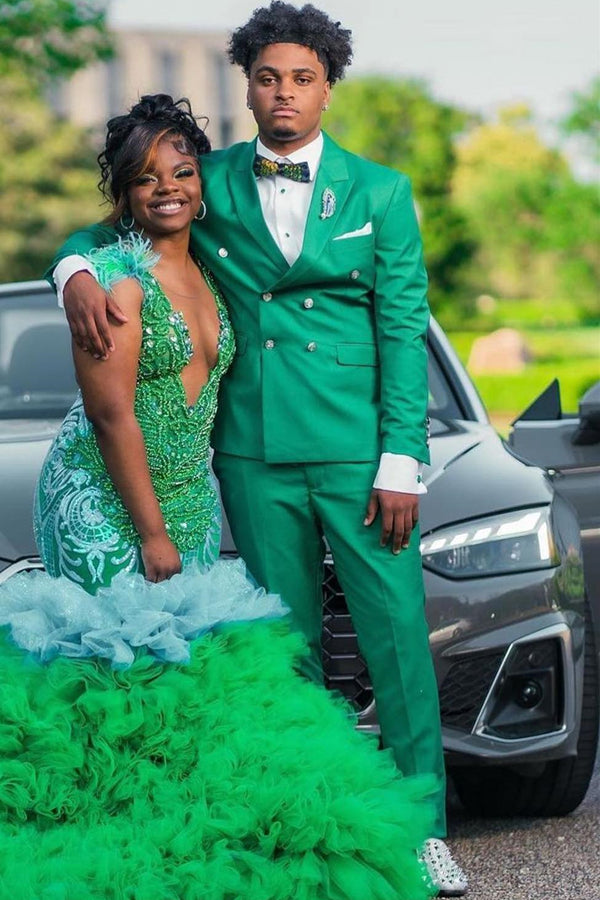 Stylish Green Peaked Lapel Double Breasted Prom Men Suits