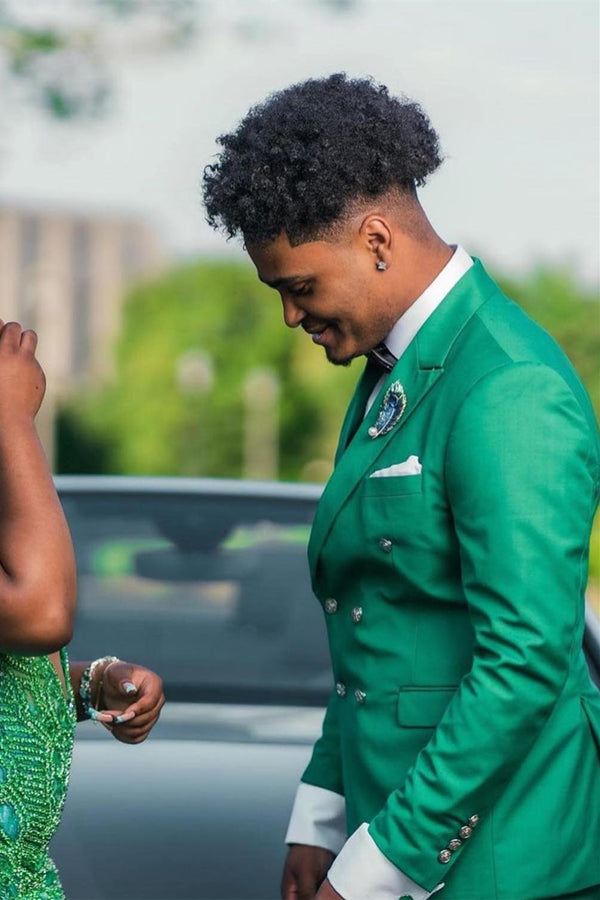 Stylish Green Peaked Lapel Double Breasted Prom Men Suits