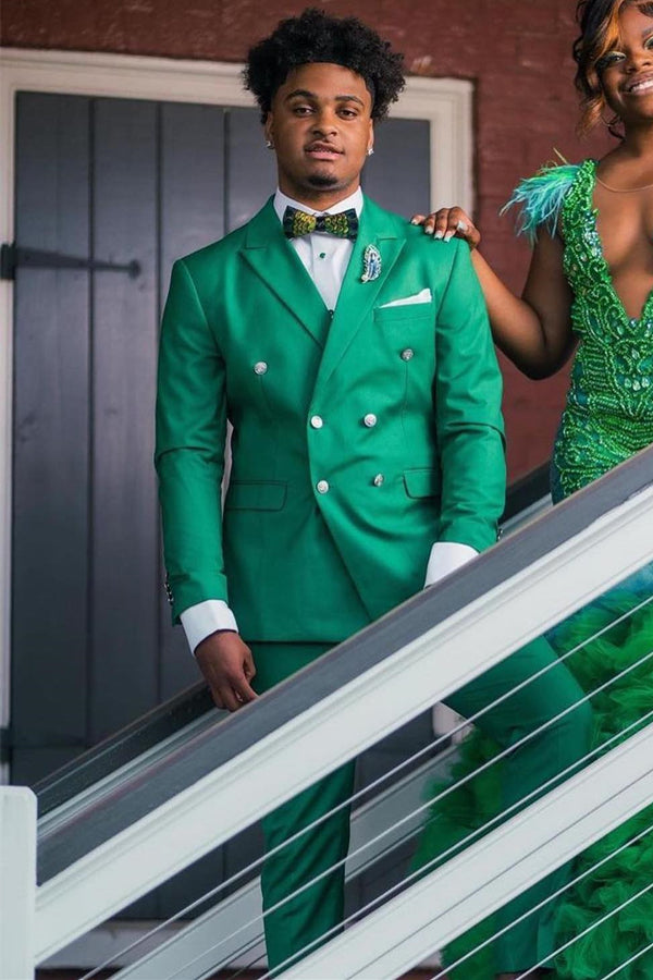 Stylish Green Peaked Lapel Double Breasted Prom Men Suits