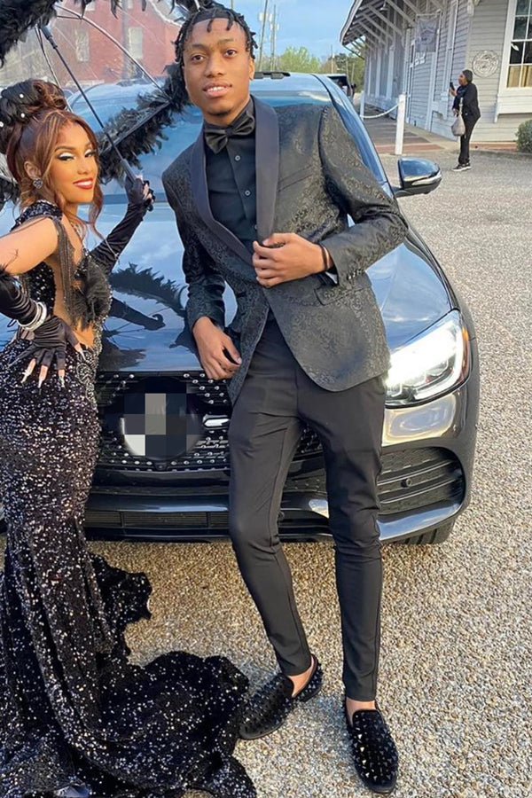 Best Fitted Black Jacquard Shawl Lapel Prom Men Suits