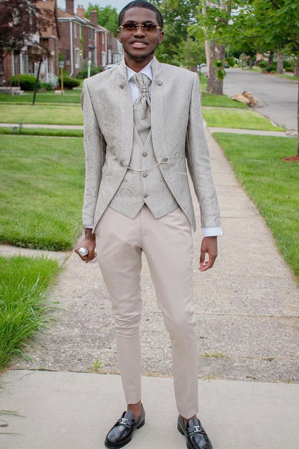 Pale Champagne Silver Jacquard Shawl Lapel 3-Piece Prom Men Suits