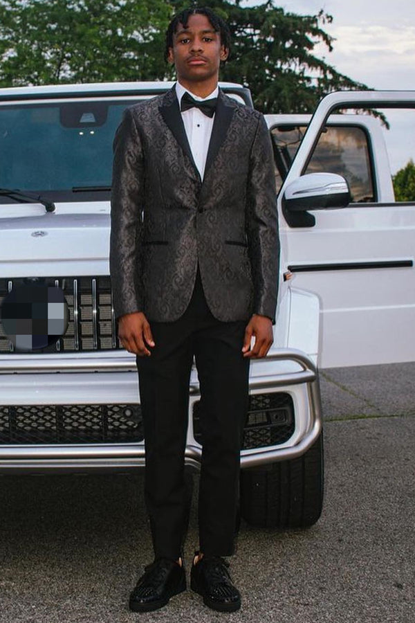 Elegant Black Jacquard Peaked Lapel Prom Men Suits