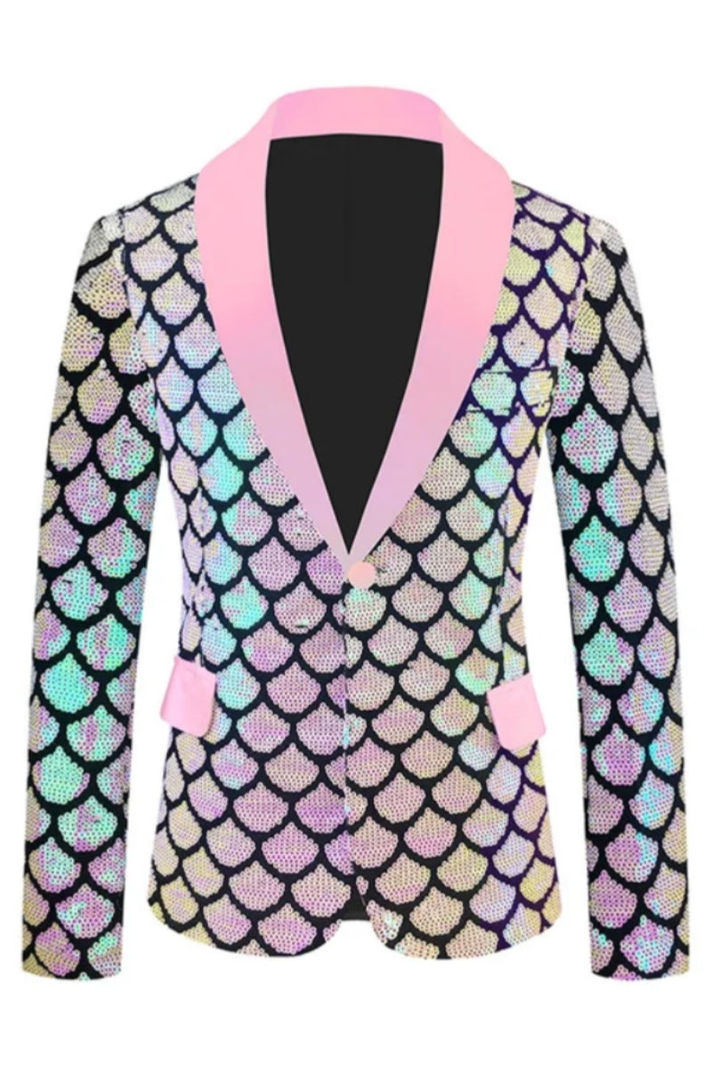 Modern Plaid Shawl Lapel One Button Shiny Sequins Blazer
