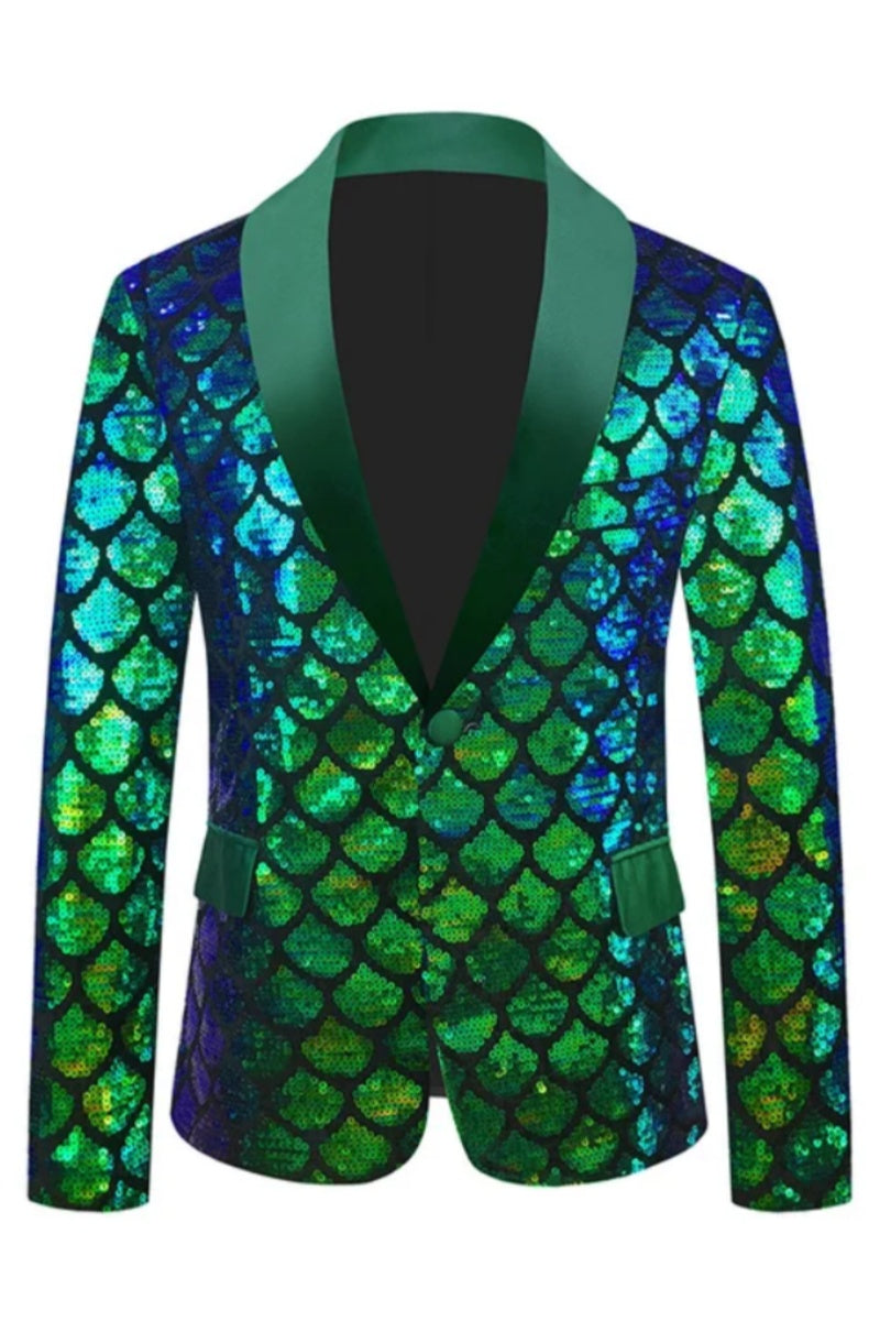 Modern Plaid Shawl Lapel One Button Shiny Sequins Blazer
