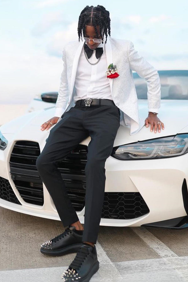 Gentle White Jacquard Shawl Lapel Prom Men Suits