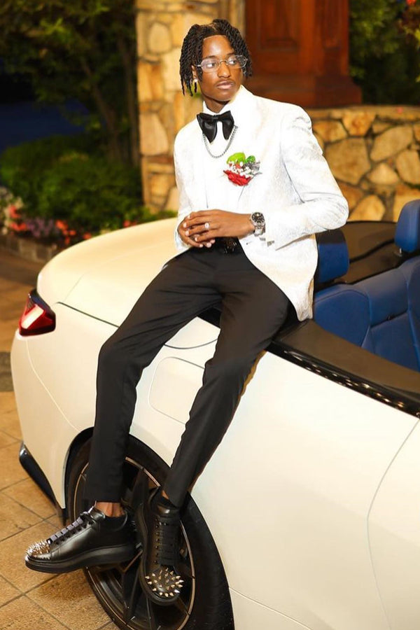 Gentle White Jacquard Shawl Lapel Prom Men Suits