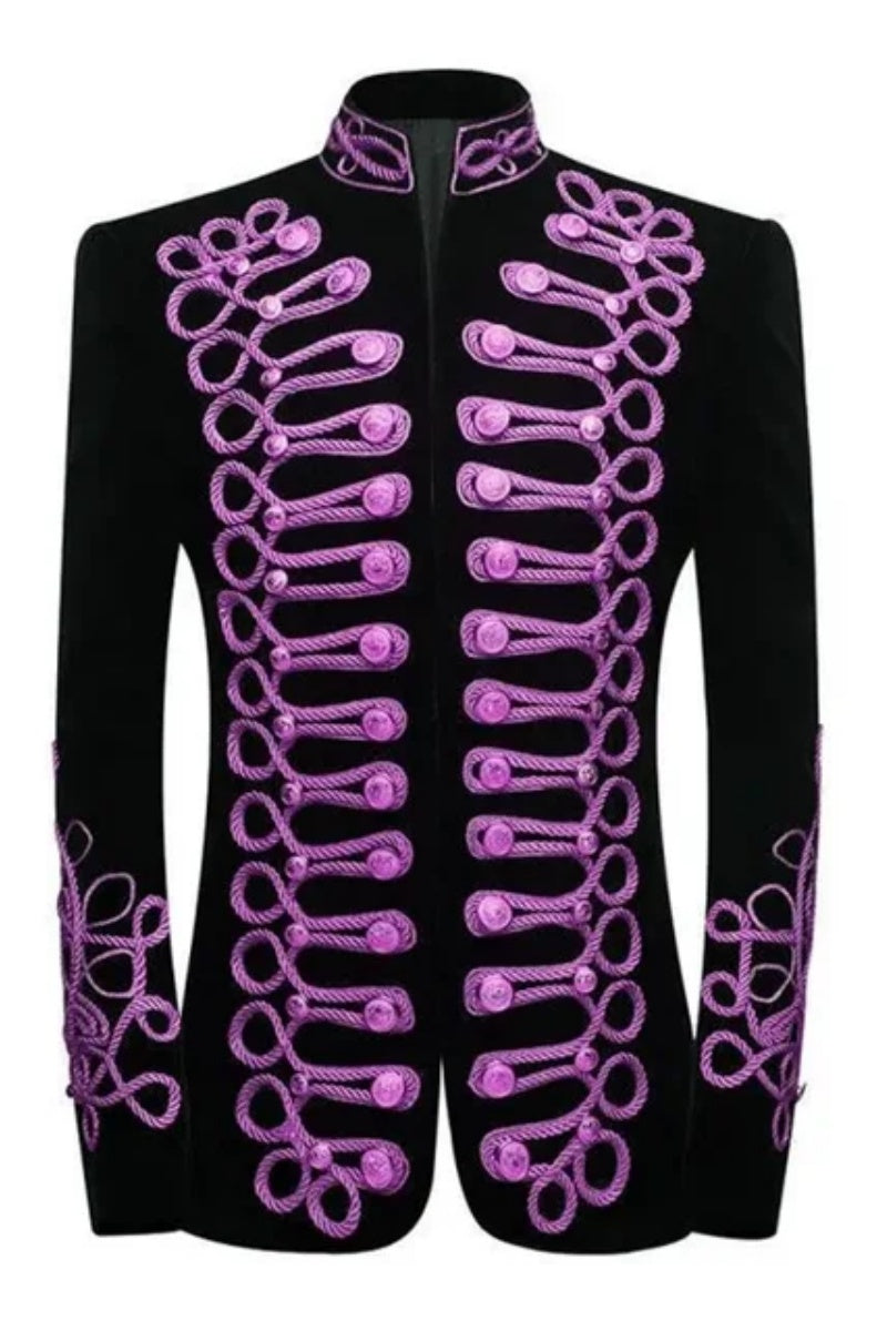 Fancy Stand Collar Embroidery Velvet Double-button Blazer
