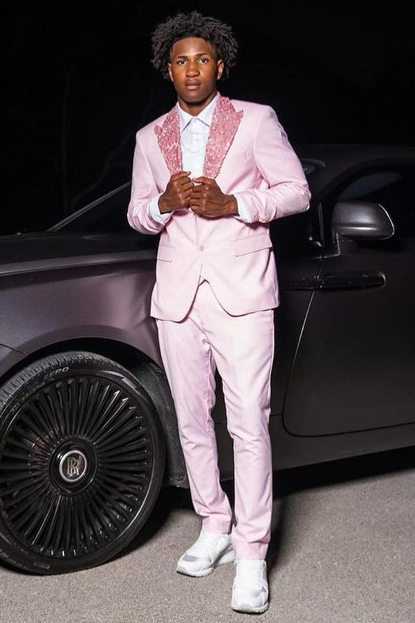 Fashion Pink Sequined Peaked Lapel Prom Men Suits