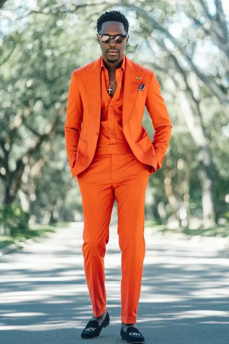 New Arrival Orange Trendy Peaked Lapel Prom Men Suits