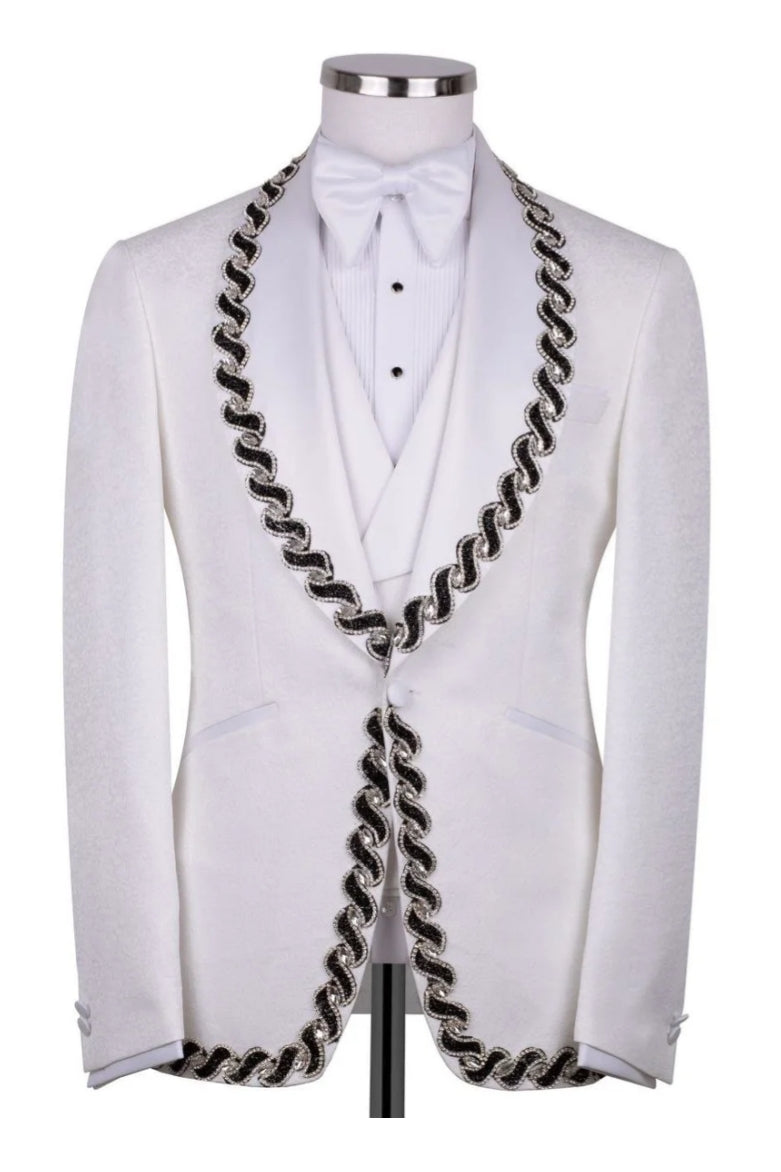 Fancy White Jacquard Appliques Shawl Lapel 3 Pieces Wedding Suits