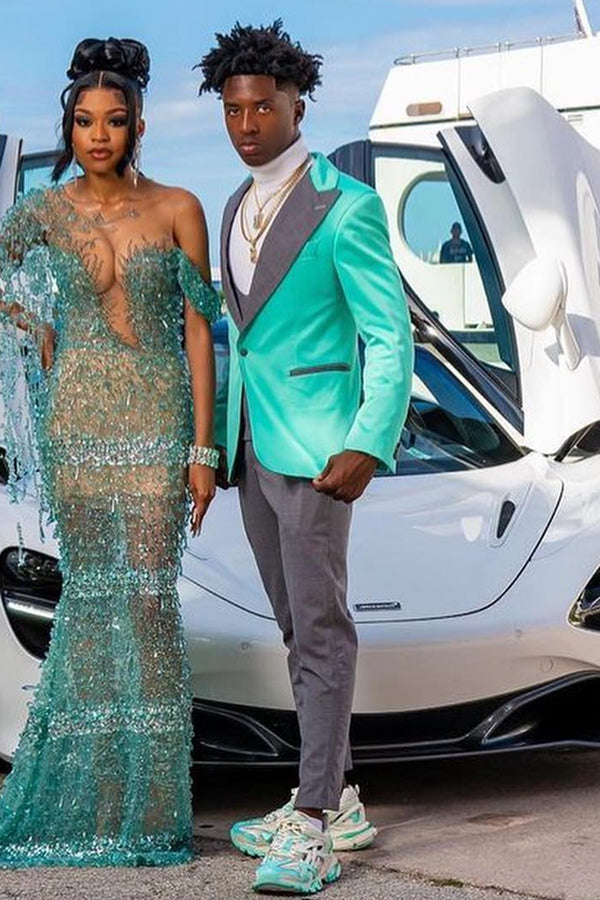 Mint Teal Peaked Lapel Prom Men Suits With Gray Pants