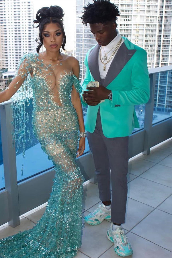 Mint Teal Peaked Lapel Prom Men Suits With Gray Pants