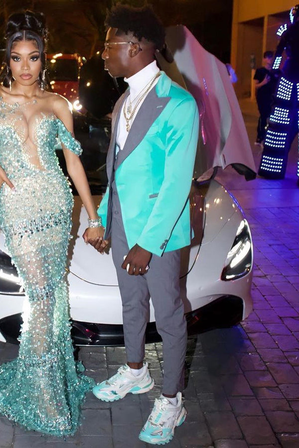 Mint Teal Peaked Lapel Prom Men Suits With Gray Pants