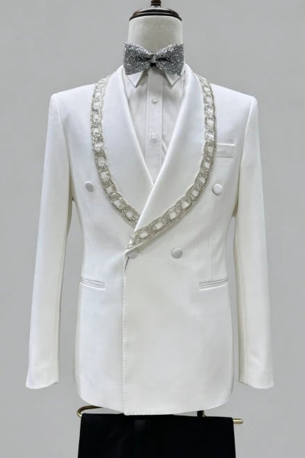 Gentle White Beadings Double Breasted Shawl Lapel Wedding Suits