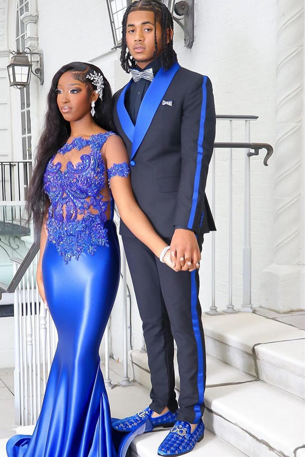 Stylish Navy Blue Prom Suits With Blue Shawl Lapel