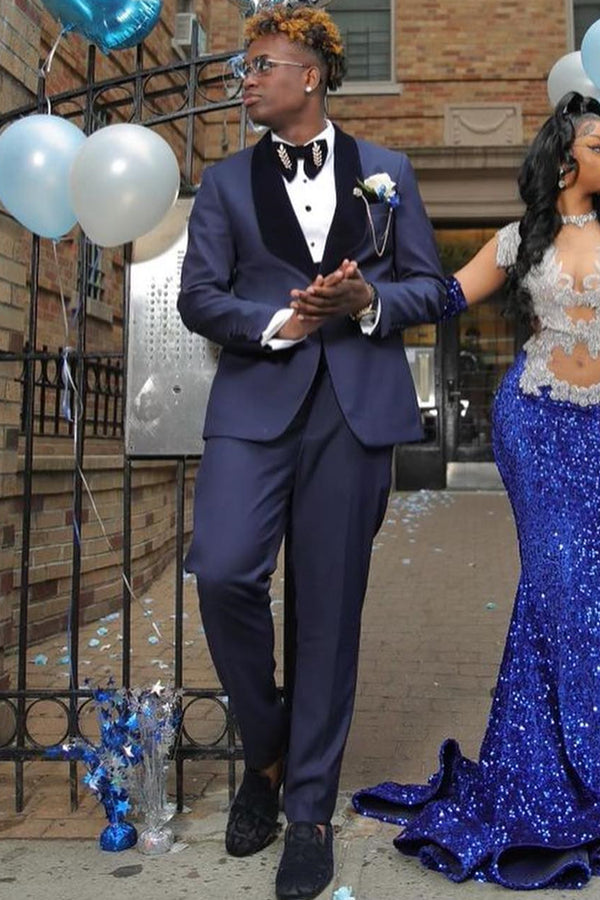 Midnight Navy Black Shawl Lapel Prom Men Suits