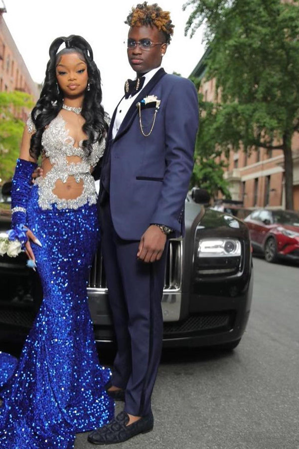 Midnight Navy Black Shawl Lapel Prom Men Suits