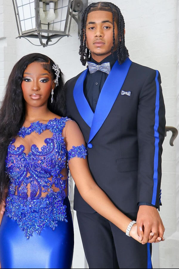Stylish Navy Blue Prom Suits With Blue Shawl Lapel
