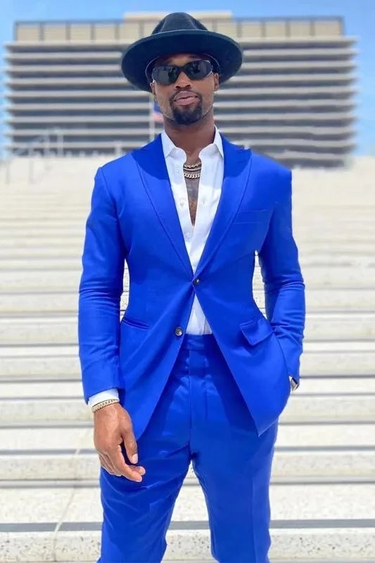 Bespoke Royal Blue Peaked Lapel Slim Fit Prom Men Suits