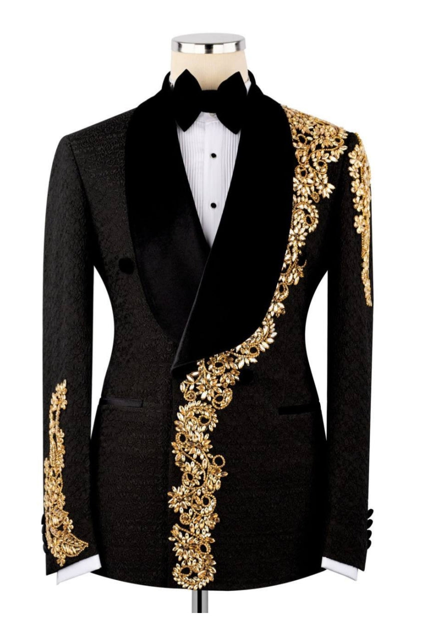 Black Jacquard Double Breasted Shawl Lapel Appliques Prom Suit