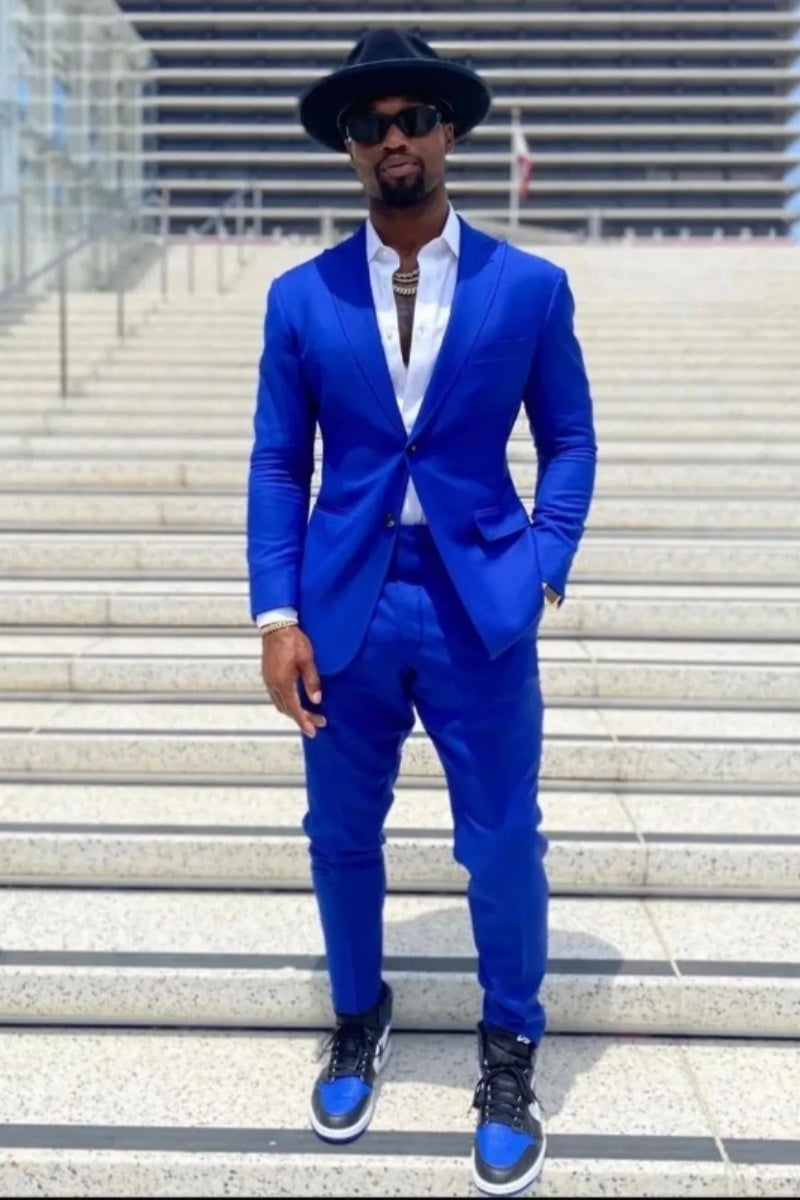 Bespoke Royal Blue Peaked Lapel Slim Fit Prom Men Suits