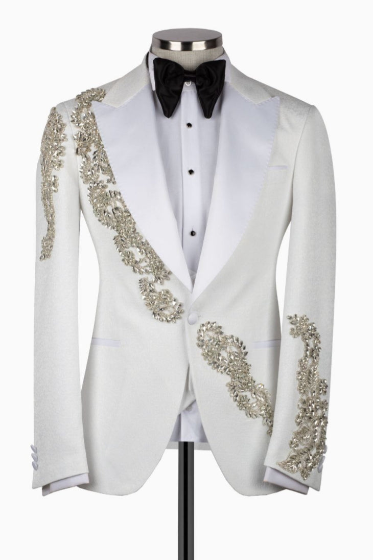White Jacquard Shawl Lapel 3 Pieces Appliques Prom Suit