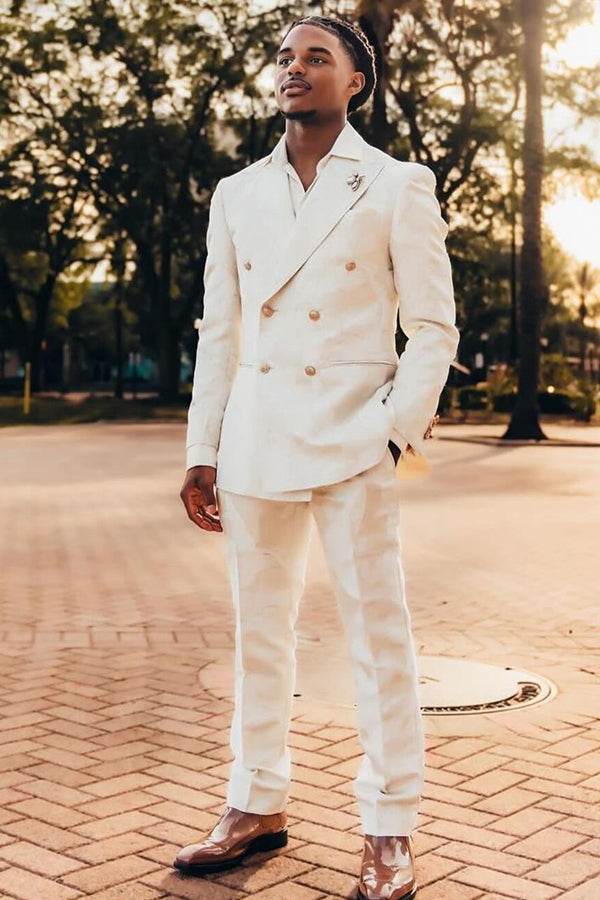 Handsome White Double Breasted Peaked Lapel Prom Suits