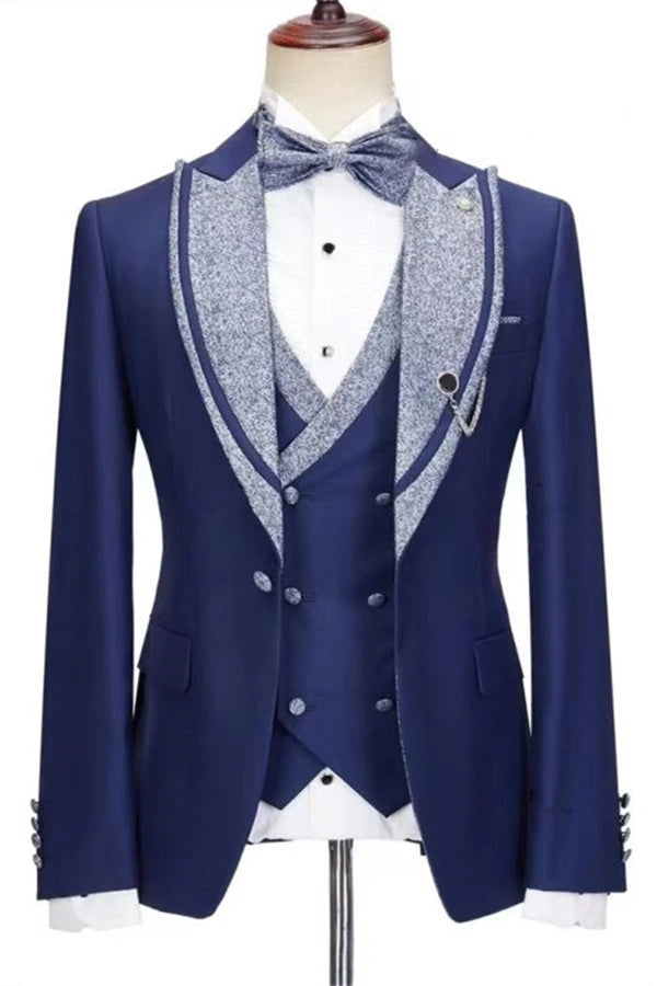 Fashion Blue 3 Pieces Sequins Peaked Lapel Prom Suits