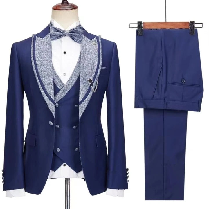 Fashion Blue 3 Pieces Sequins Peaked Lapel Prom Suits