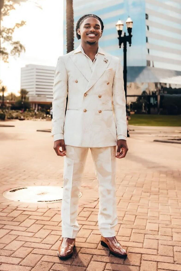 Handsome White Double Breasted Peaked Lapel Prom Suits