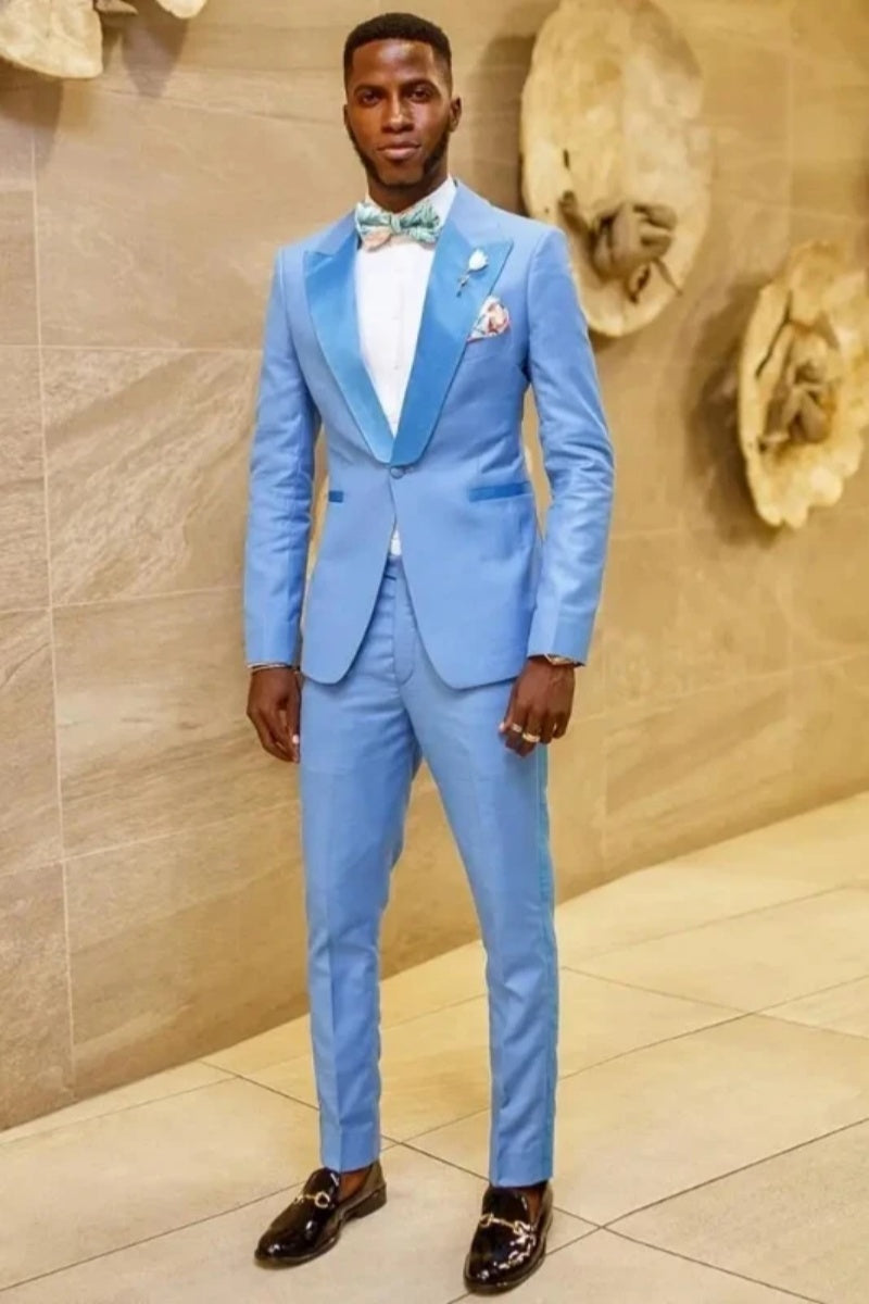 Stylish Sky Blue Peaked Lapel Prom Men Suits