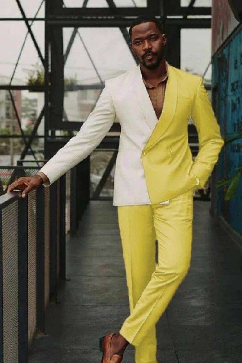 Modern Yellow And White Double Breasted Close Fitting Men's Prom Suits