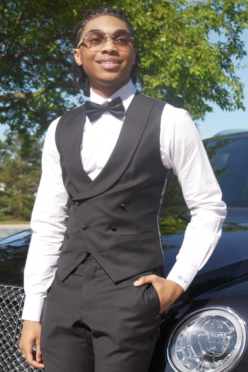 Stylish Black Peaked Lapel Jacquard Suits With Waistcoat