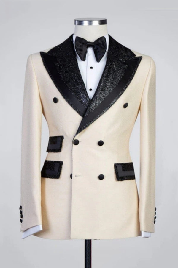 Close Fitting Beige Newest Trendy Peaked Lapel Prom Suits