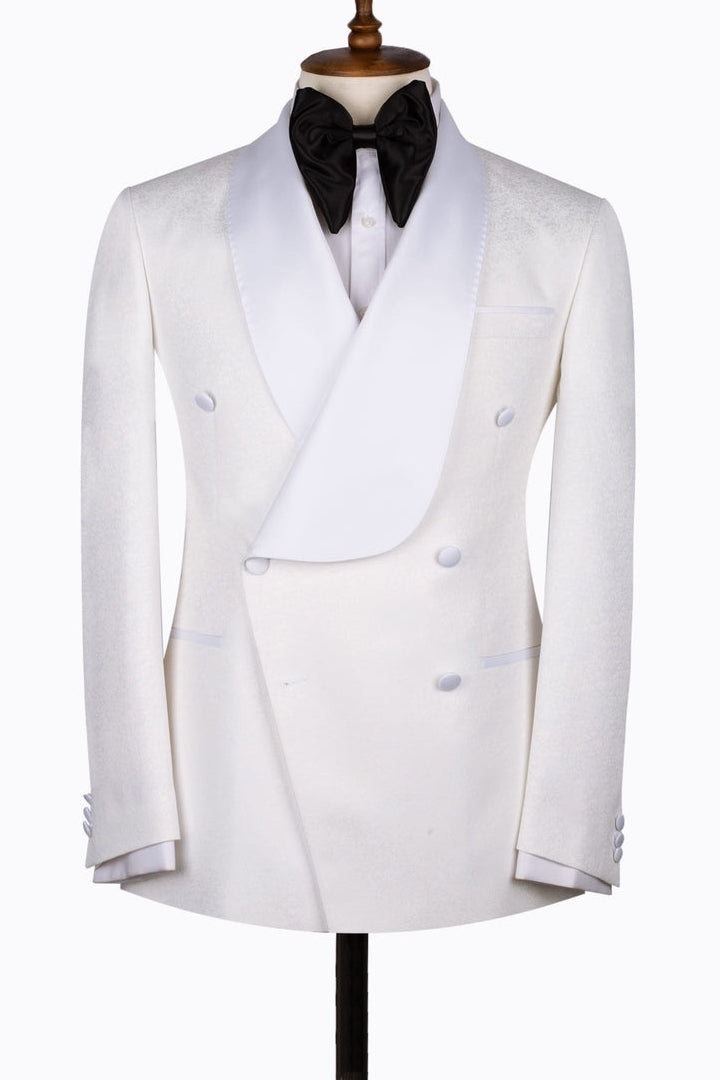 Decent White Jacquard Shawl Lapel Double Breasted Wedding Men Suits