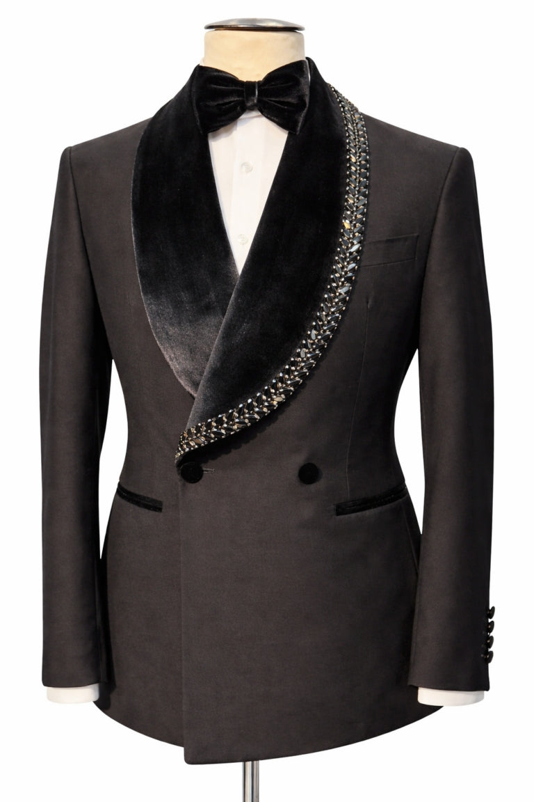 Black Double Breasted Rhinestone Trim Shawl Lapel Wedding Suits