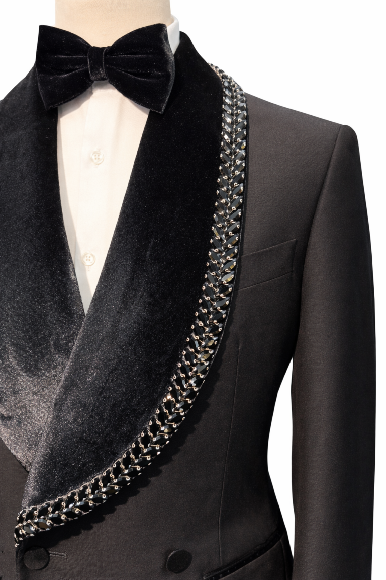 Black Double Breasted Rhinestone Trim Shawl Lapel Wedding Suits