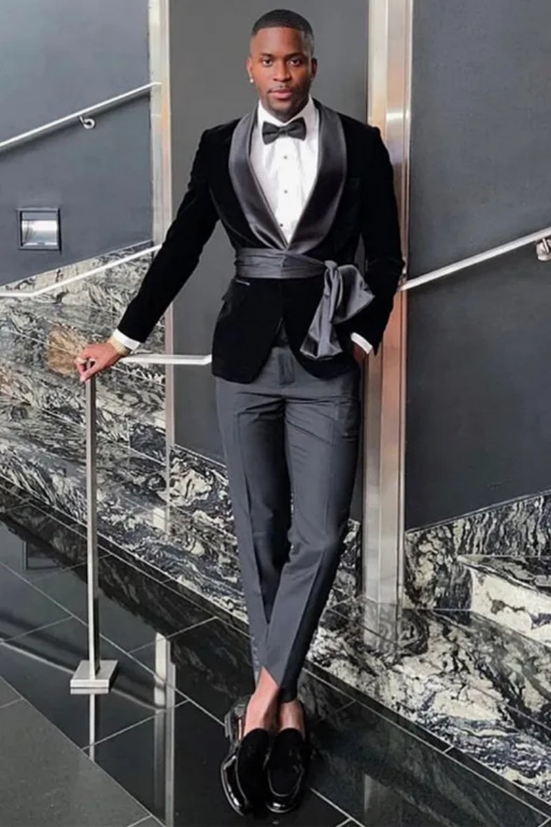 New Arrival Slim Fit Black Velvet Shawl Lapel Prom Men Suits