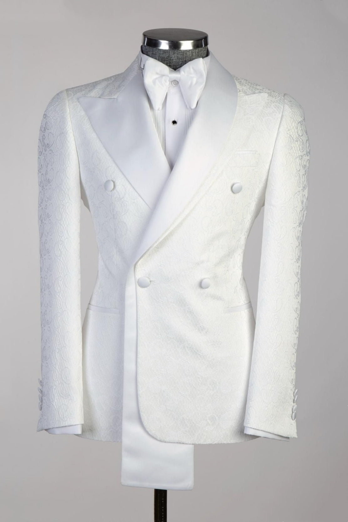 Best Fitted White Peaked Lapel Jacquard Double Breasted Prom Men Suits