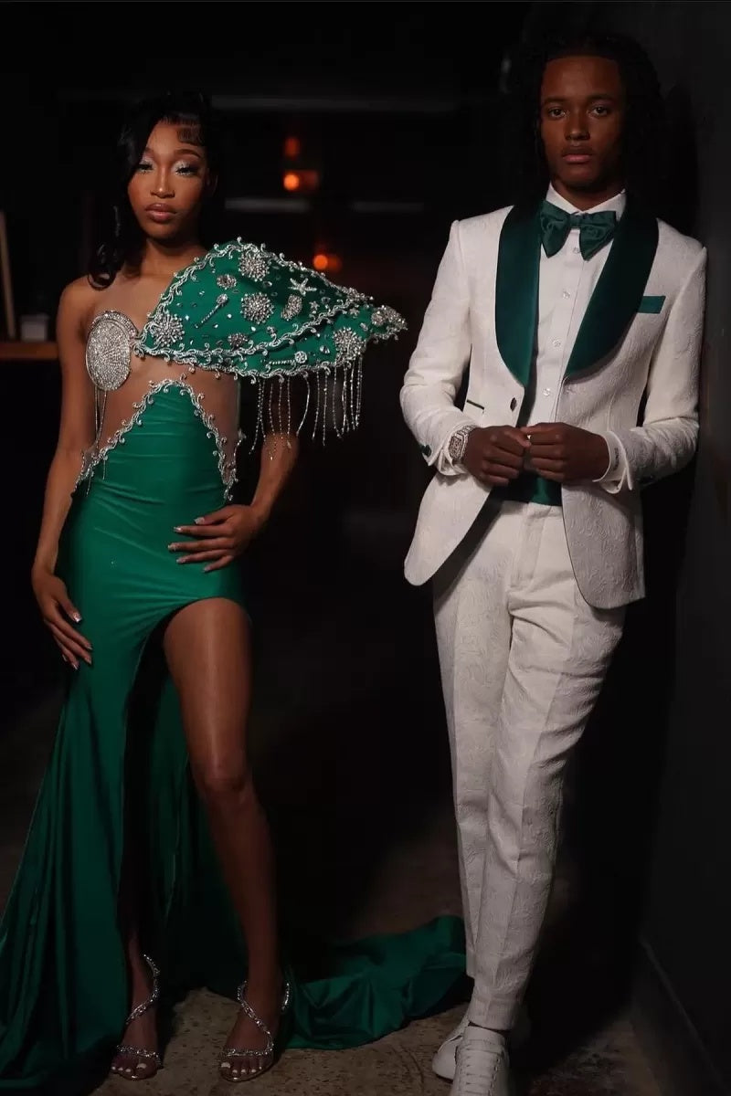 Fashion White Jacquard Prom Suits With Green Shawl Lapel