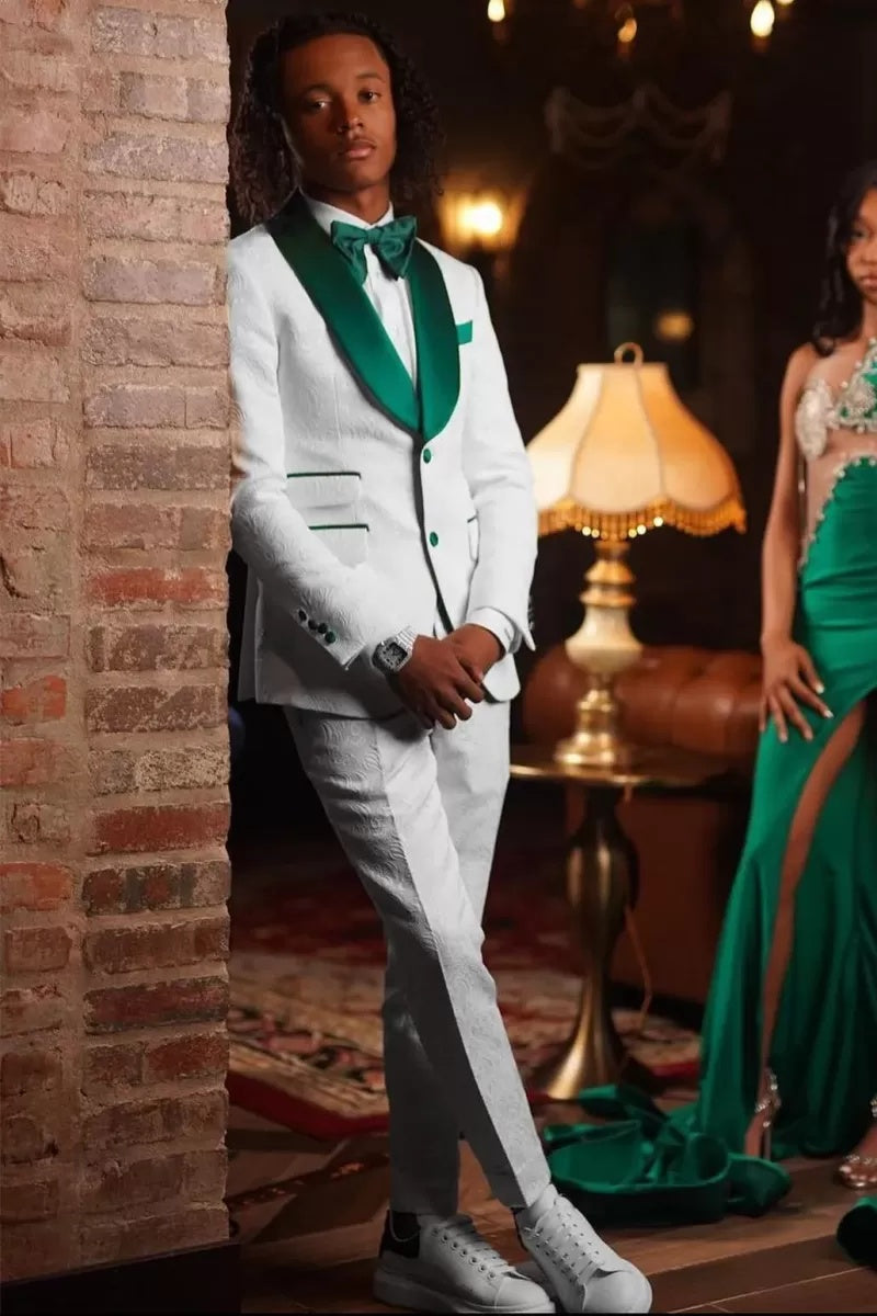 Fashion White Jacquard Prom Suits With Green Shawl Lapel