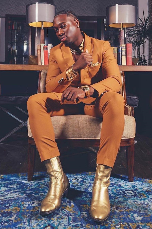 Caramel Brown Double Breasted Peaked Lapel Prom Men Suits