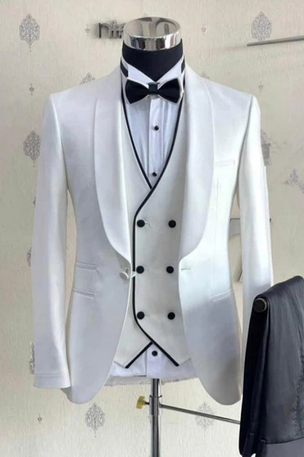 Gentle White Shawl Lapel Wedding Suits With Waistcoat