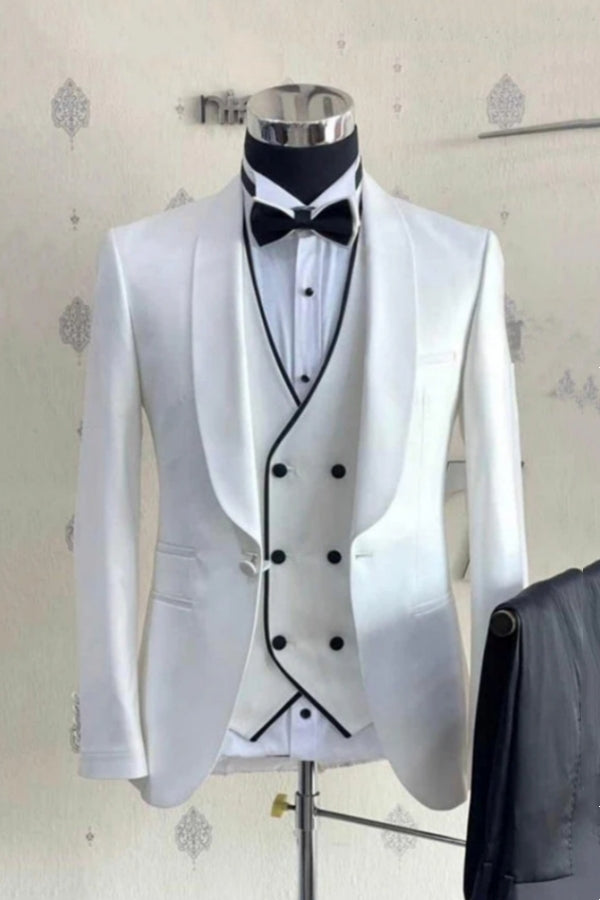 Gentle White Shawl Lapel Wedding Suits With Waistcoat